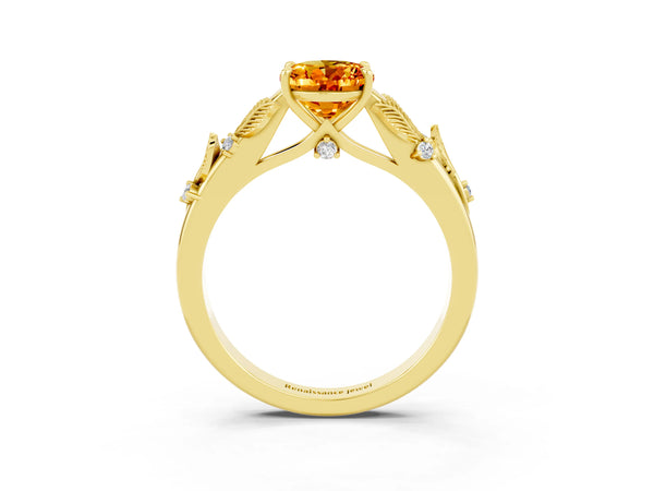 Yellow gold Oval Cut Citrine Solitaire Ring with Leaf Motif Band and Four-Prong Setting