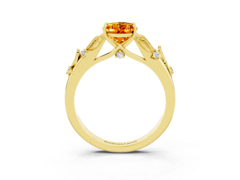 Yellow gold Oval Cut Citrine Solitaire Ring with Leaf Motif Band and Four-Prong Setting_3