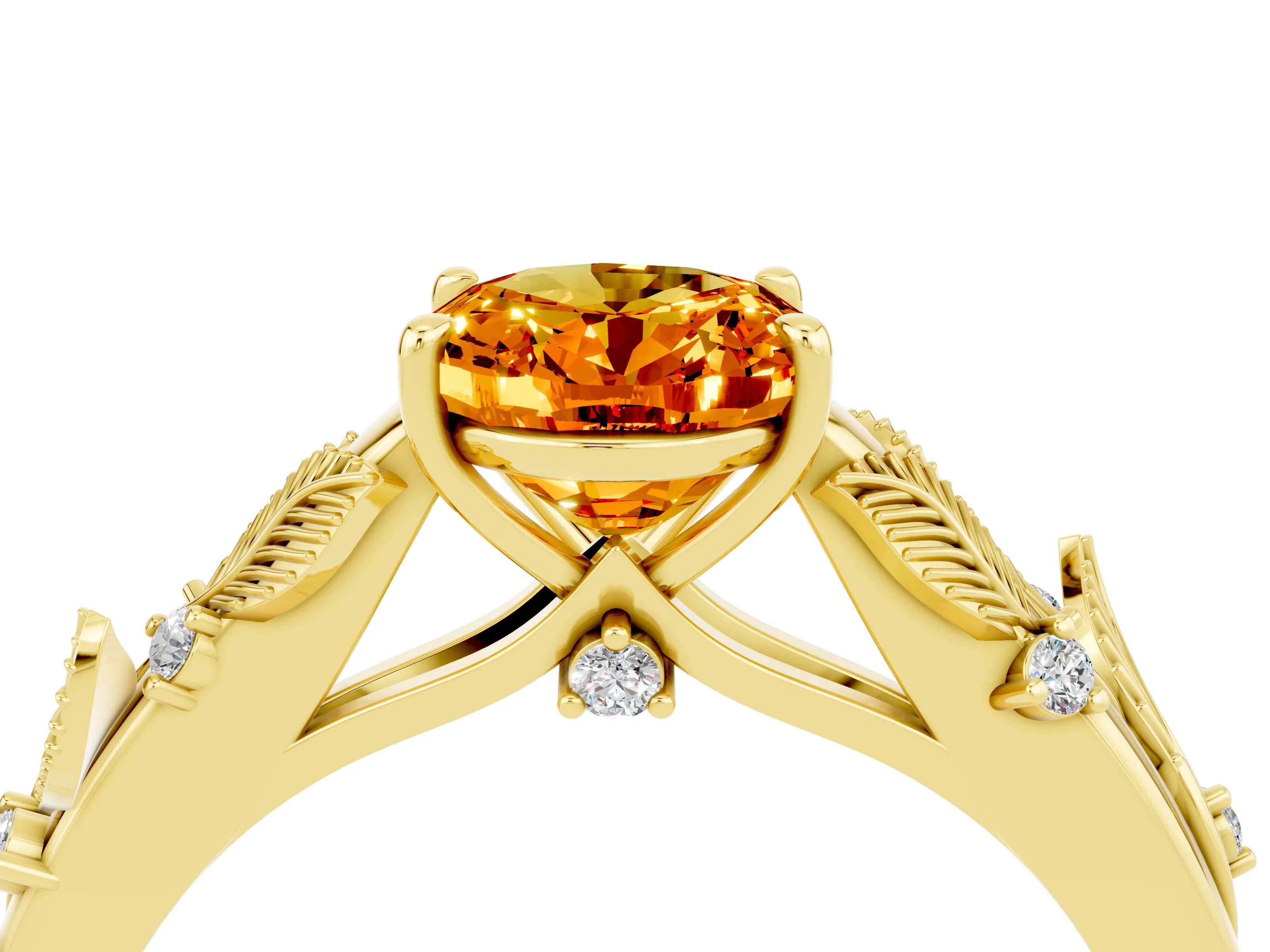 Yellow gold Oval Cut Citrine Solitaire Ring with Leaf Motif Band and Four-Prong Setting_4