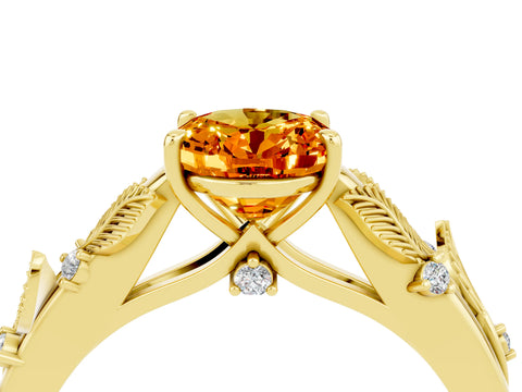 Yellow gold Oval Cut Citrine Solitaire Ring with Leaf Motif Band and Four-Prong Setting_4