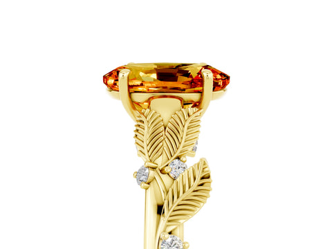 Yellow gold Oval Cut Citrine Solitaire Ring with Leaf Motif Band and Four-Prong Setting_5