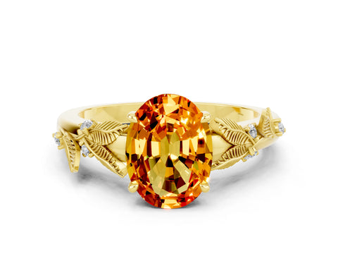 Yellow gold Oval Cut Citrine Solitaire Ring with Leaf Motif Band and Four-Prong Setting