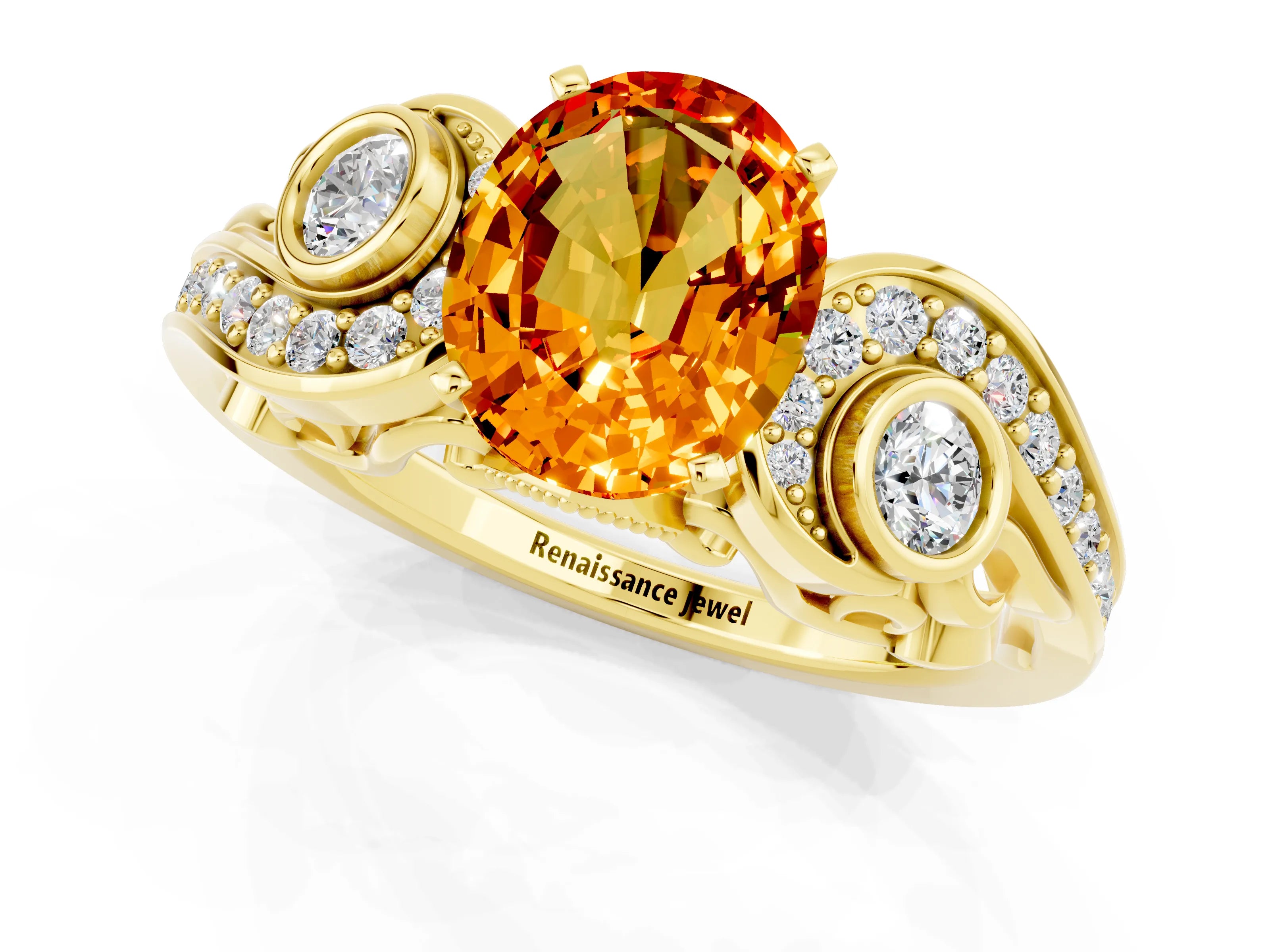 Yellow gold Oval Cut Citrine Solitaire Ring with Milgrain Pavé Band and Four-Prong Setting_25
