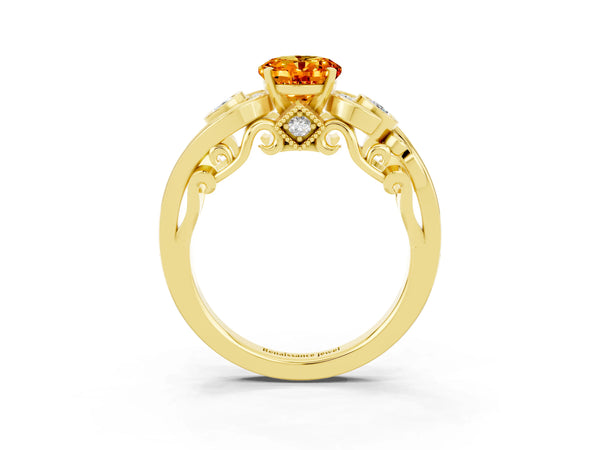 Yellow gold Oval Cut Citrine Solitaire Ring with Milgrain Pavé Band and Four-Prong Setting