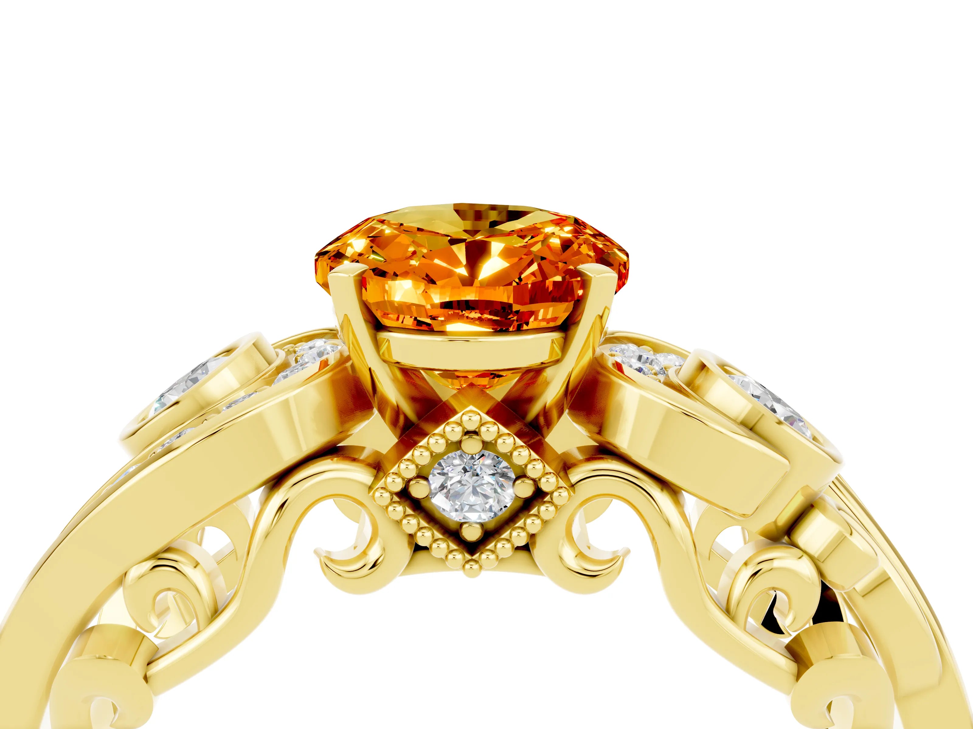 Yellow gold Oval Cut Citrine Solitaire Ring with Milgrain Pavé Band and Four-Prong Setting_28