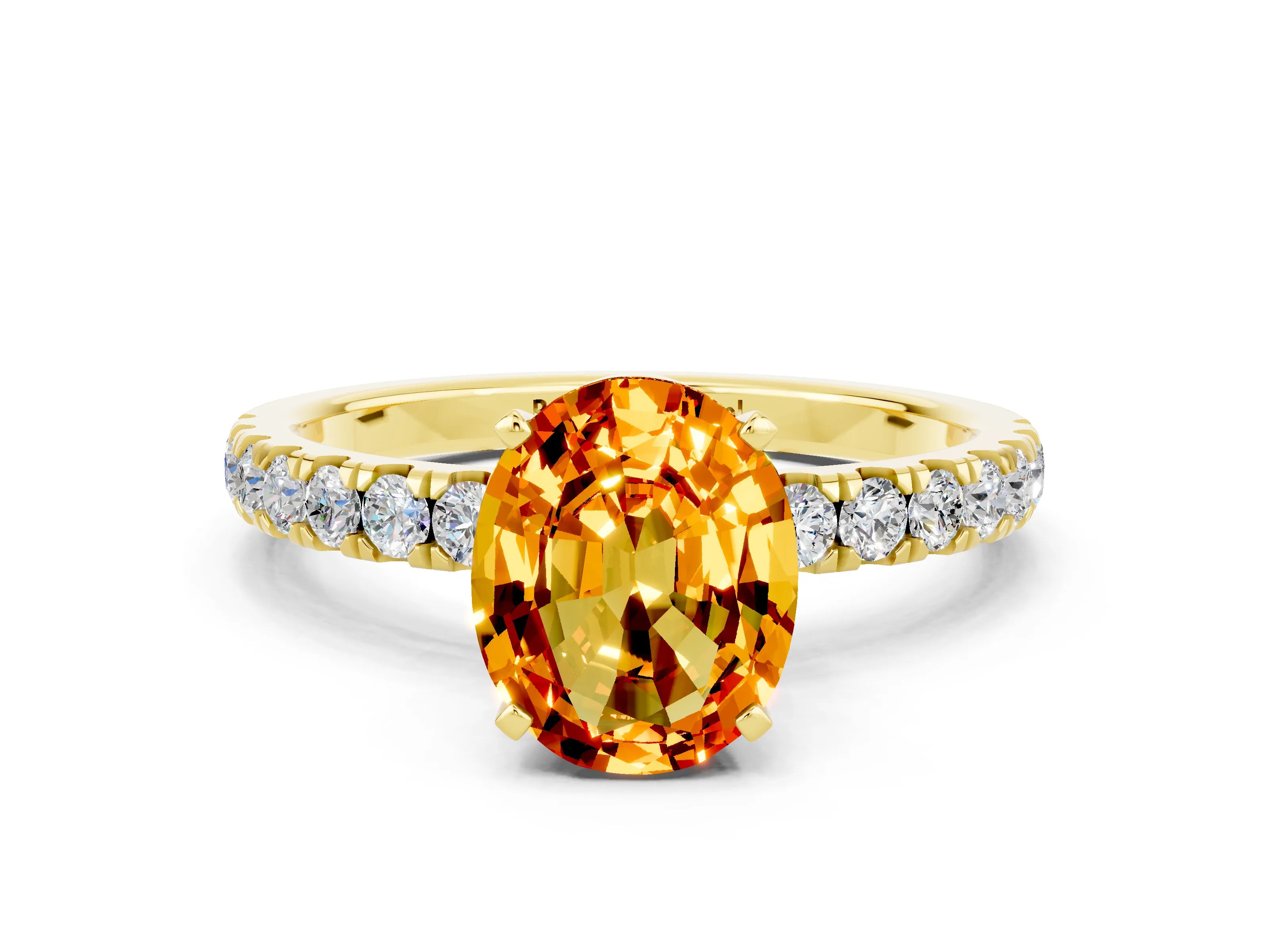 Yellow gold Oval Cut Citrine Solitaire Ring with Pavé Accents and Four-Prong Setting
