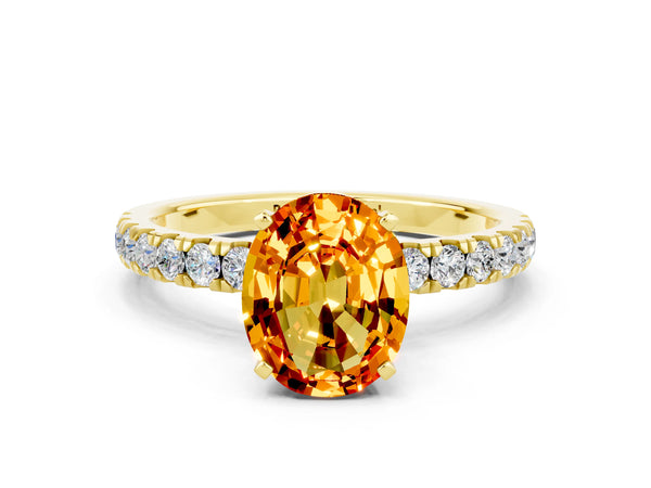 Yellow gold Oval Cut Citrine Solitaire Ring with Pavé Accents and Four-Prong Setting