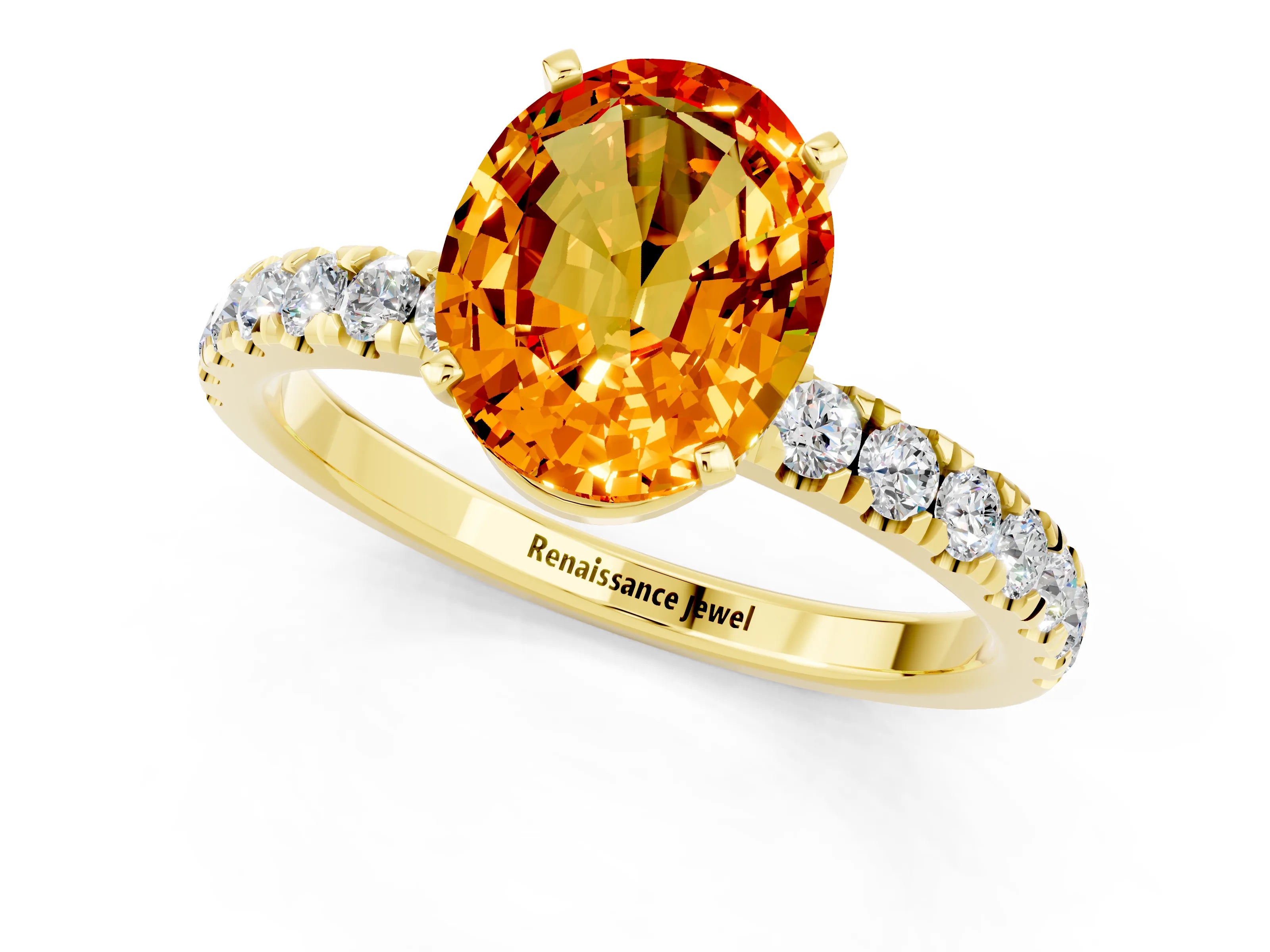 Yellow gold Oval Cut Citrine Solitaire Ring with Pavé Accents and Four-Prong Setting_1