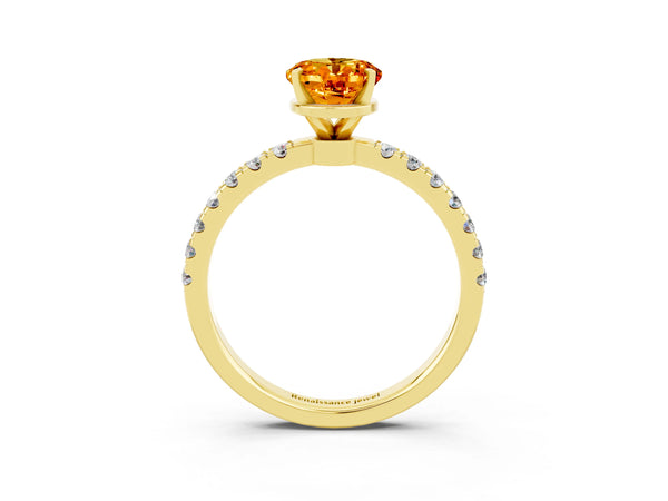 Yellow gold Oval Cut Citrine Solitaire Ring with Pavé Accents and Four-Prong Setting