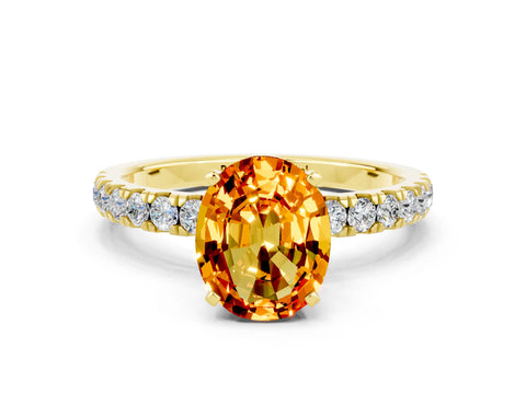Yellow gold Oval Cut Citrine Solitaire Ring with Pavé Accents and Four-Prong Setting
