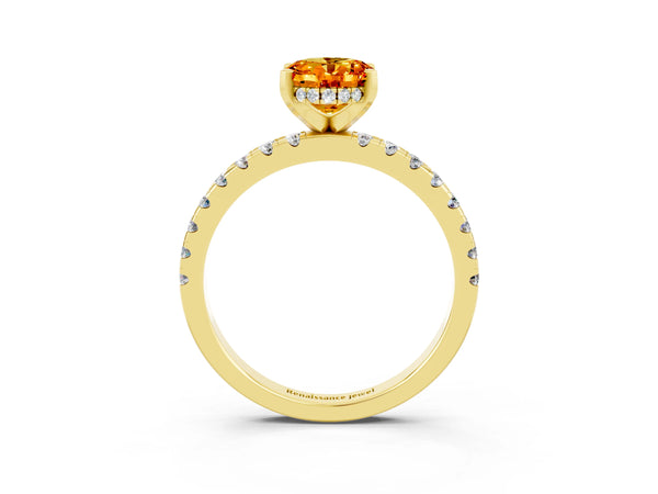 Yellow gold Oval Cut Citrine Solitaire Ring with Round  Pavé Band and Four-Prong Setting