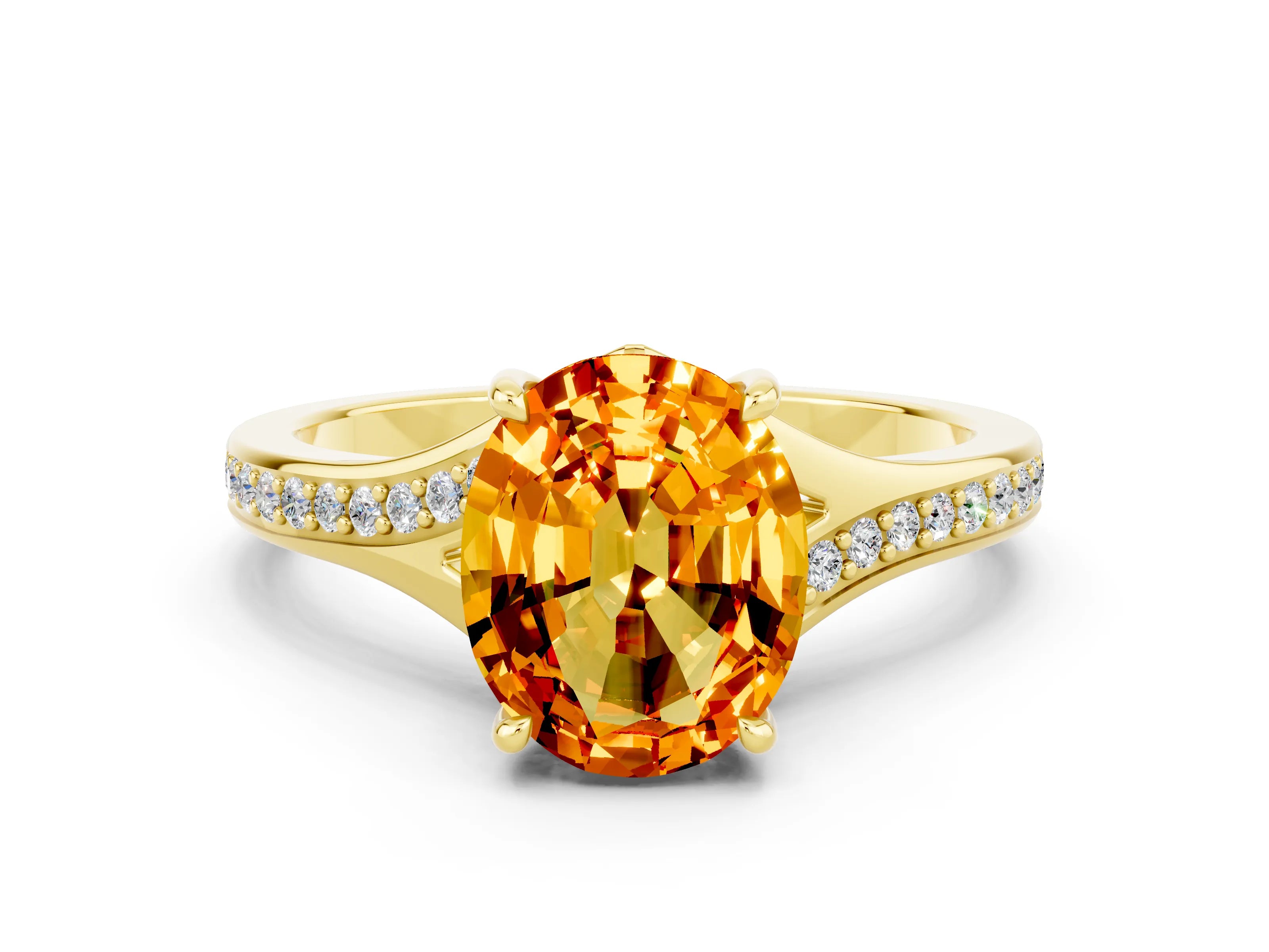 Yellow gold Oval Cut Citrine Solitaire Ring with Pavé Band and Prong Setting