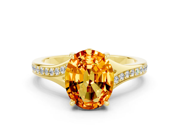 Yellow gold Oval Cut Citrine Solitaire Ring with Pavé Band and Prong Setting