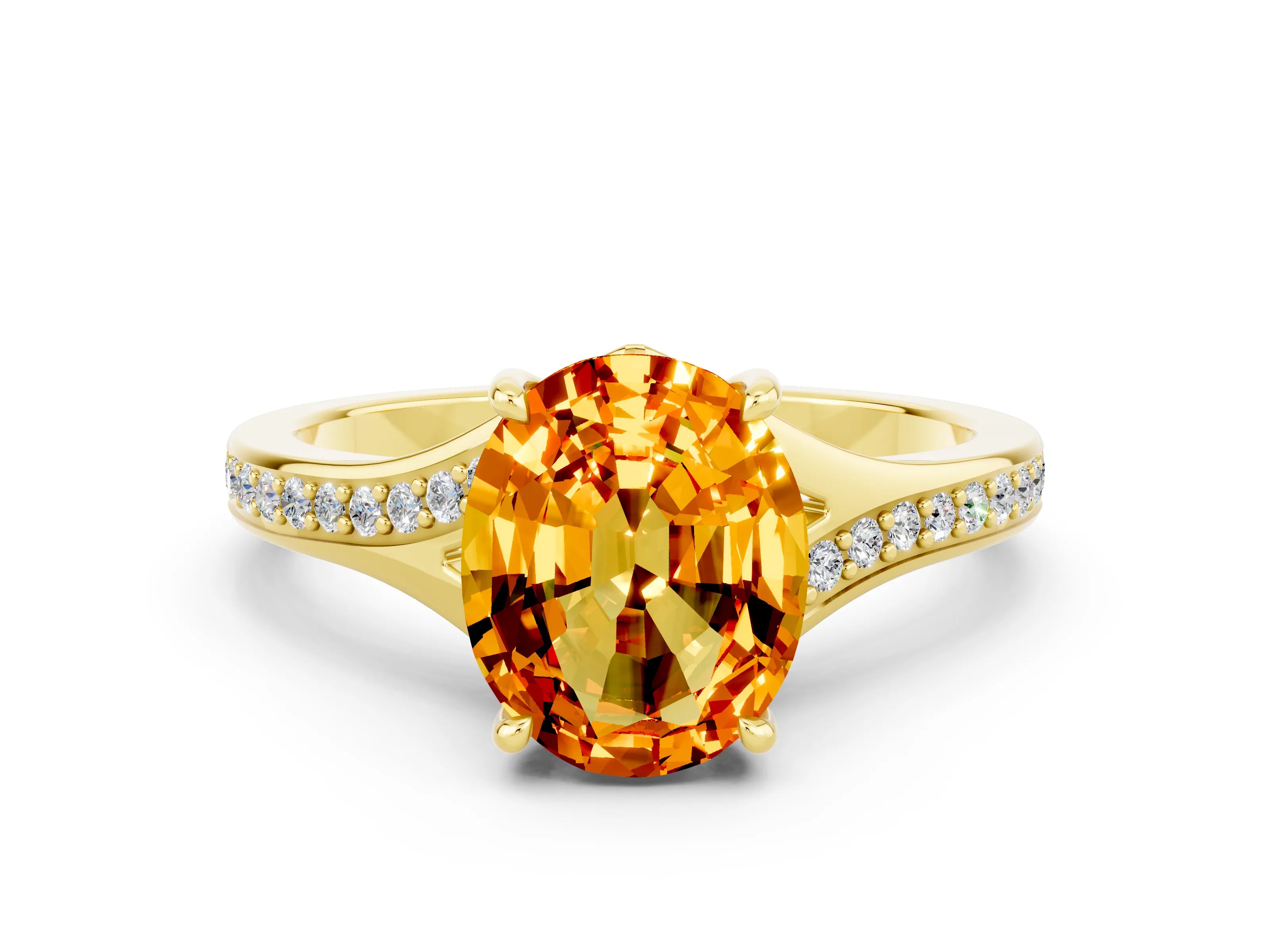 Yellow gold Oval Cut Citrine Solitaire Ring with Pavé Band and Prong Setting_12