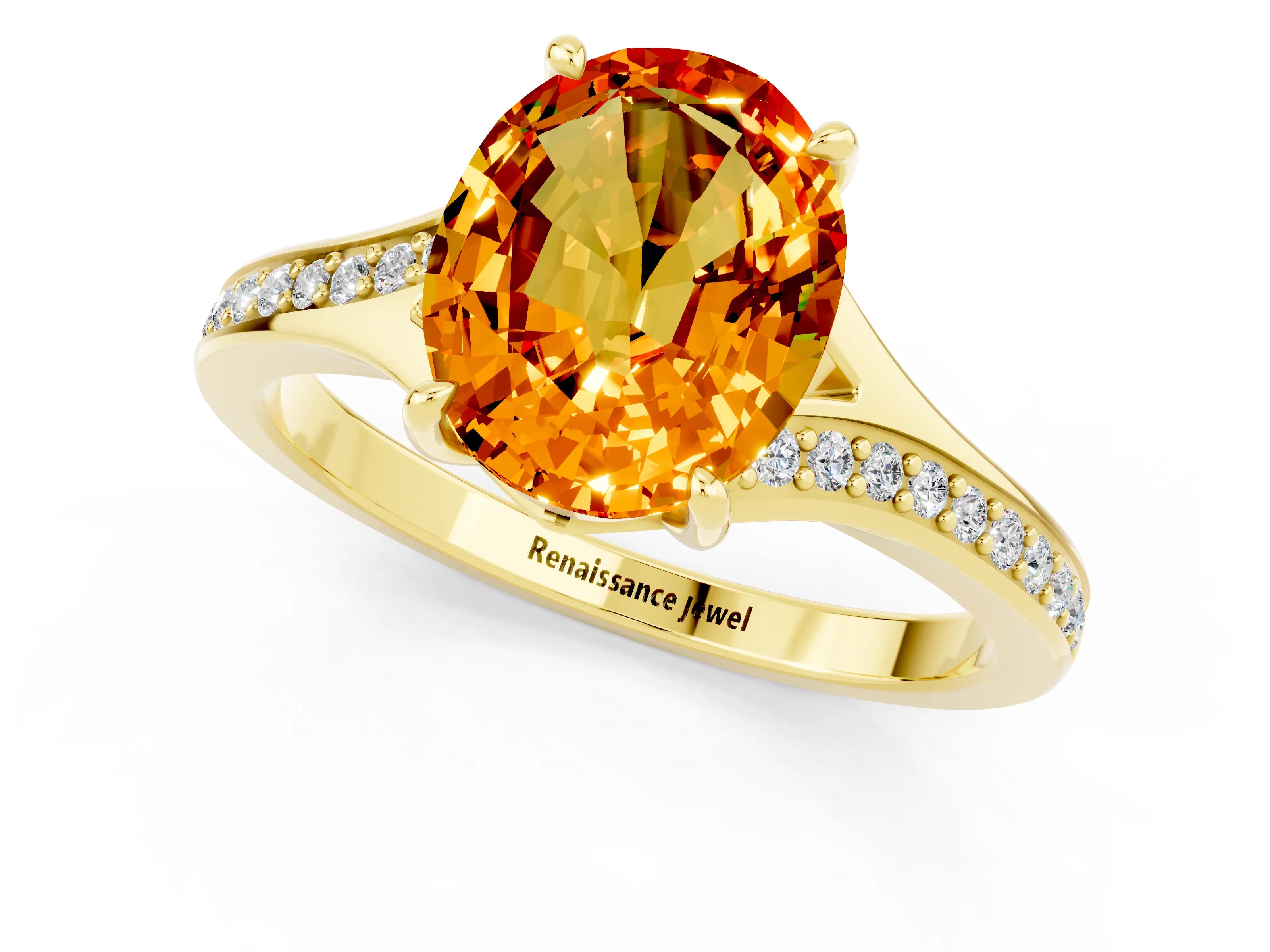 Yellow gold Oval Cut Citrine Solitaire Ring with Pavé Band and Prong Setting_13
