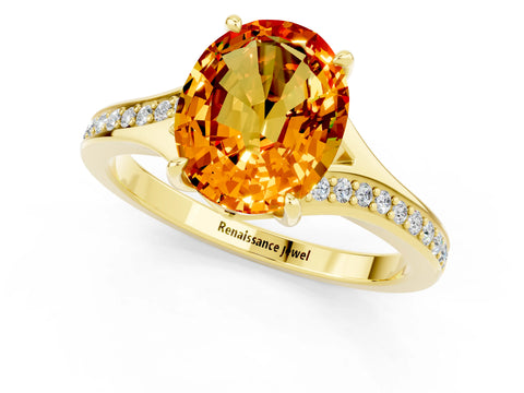 Yellow gold Oval Cut Citrine Solitaire Ring with Pavé Band and Prong Setting_13