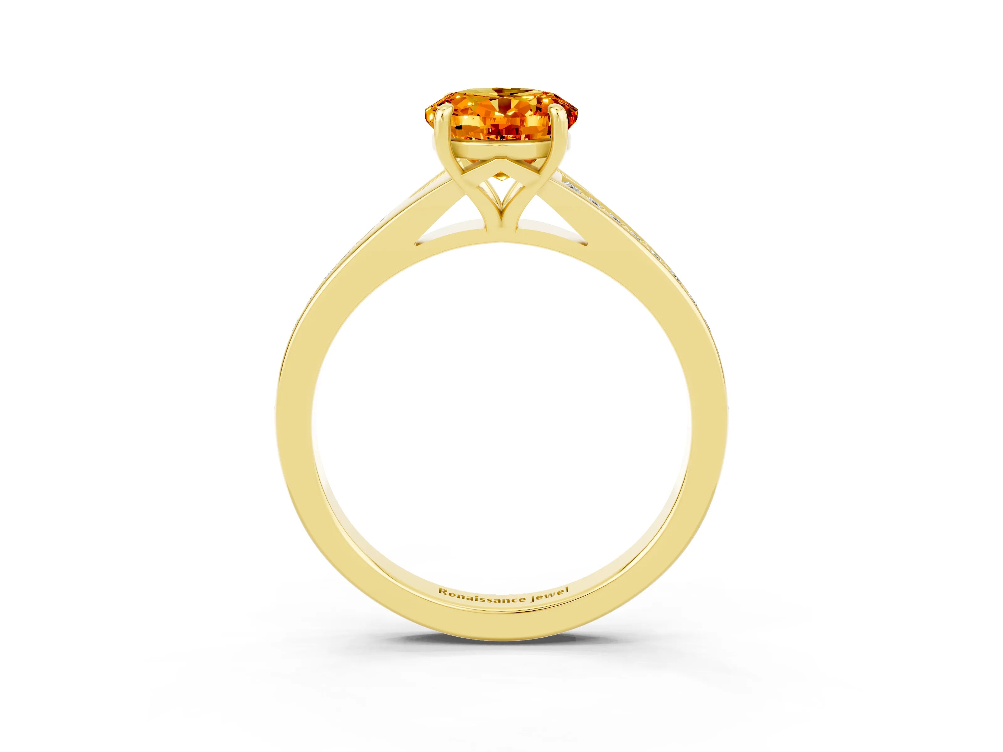 Yellow gold Oval Cut Citrine Solitaire Ring with Pavé Band and Prong Setting_15