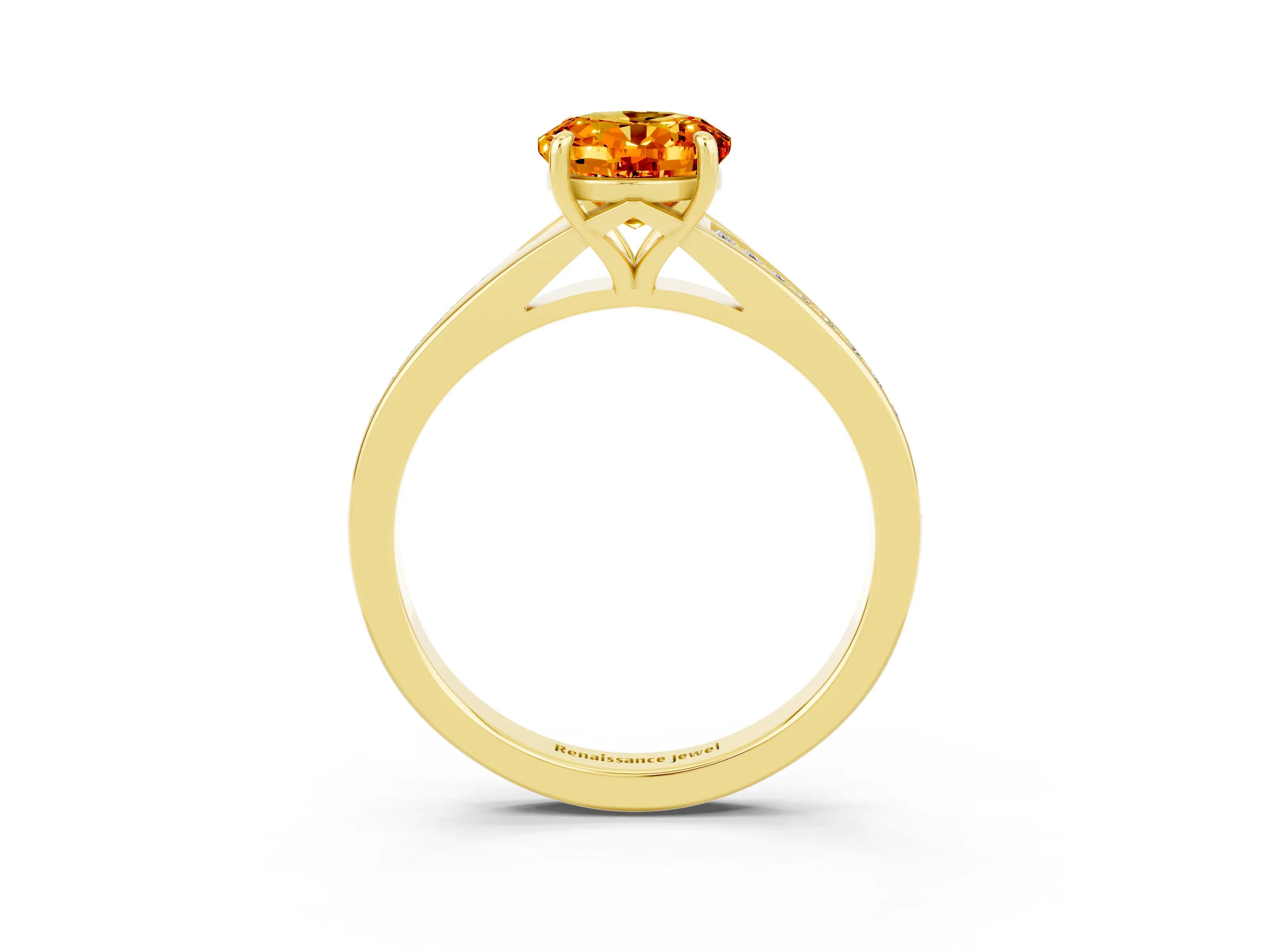 Yellow gold Oval Cut Citrine Solitaire Ring with Pavé Band and Prong Setting_3