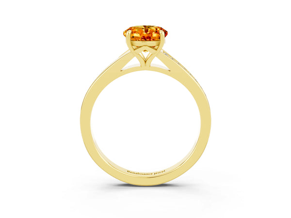 Yellow gold Oval Cut Citrine Solitaire Ring with Pavé Band and Prong Setting