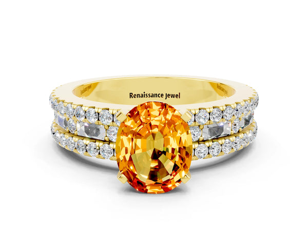 Yellow gold Oval Cut Citrine Solitaire Ring with Pavé and Channel Set Band