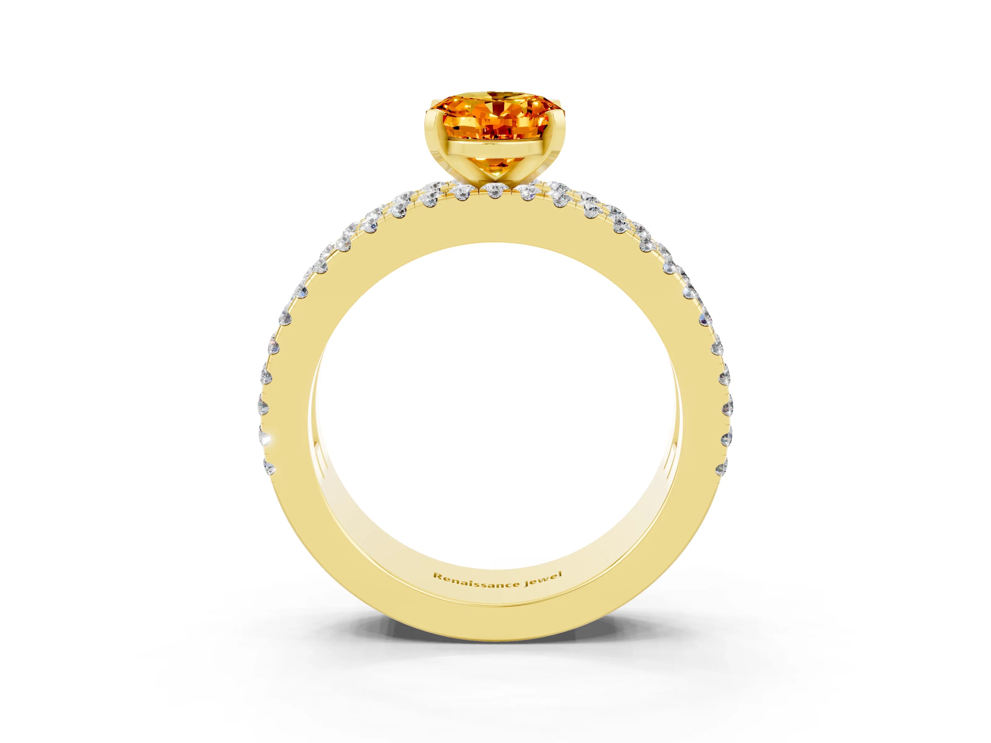 Yellow gold Oval Cut Citrine Solitaire Ring with Pavé and Channel Set Band_3