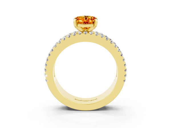 Yellow gold Oval Cut Citrine Solitaire Ring with Pavé and Channel Set Band