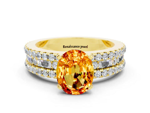 Yellow gold Oval Cut Citrine Solitaire Ring with Pavé and Channel Set Band
