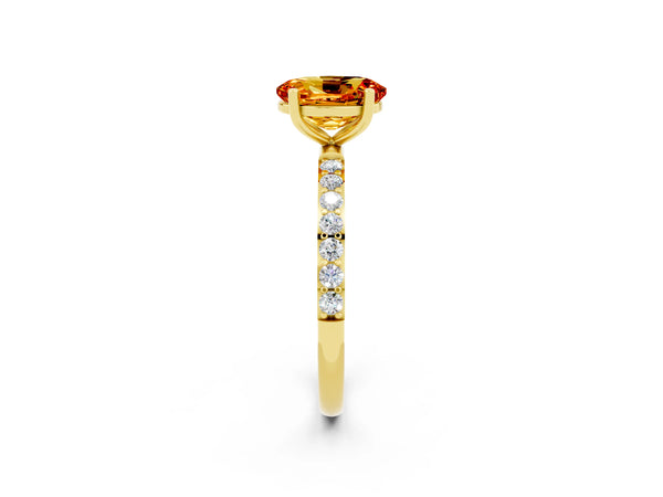 Yellow gold Oval Cut Citrine Solitaire Ring with Round  Pavé Band and Prong Setting