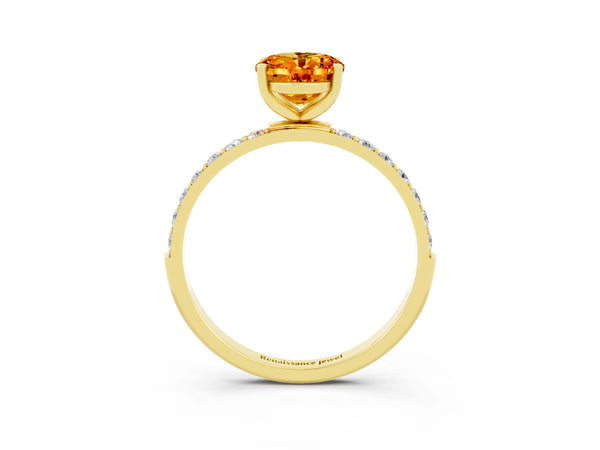 Yellow gold Oval Cut Citrine Solitaire Ring with Round  Pavé Band and Prong Setting