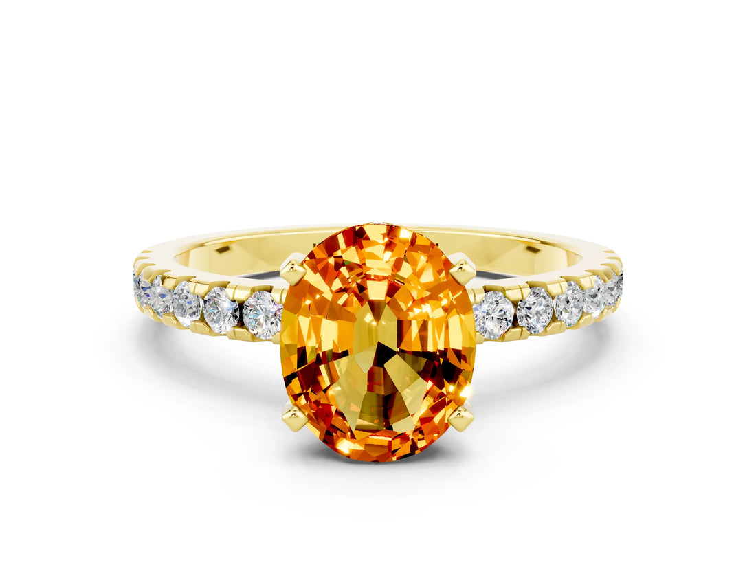 Yellow gold Oval Cut Citrine Solitaire Ring with Round  Pavé Band and Four-Prong Setting_36
