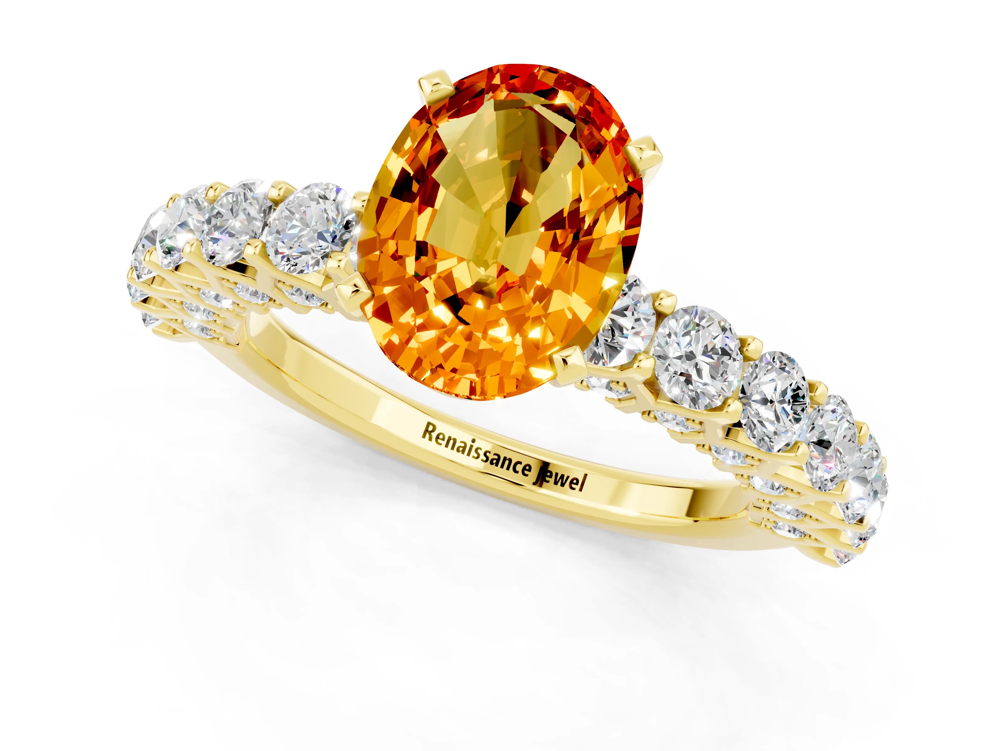 Yellow gold Oval Cut Citrine Solitaire Ring with Shared Prong Pavé Band and Four-Prong Setting_1