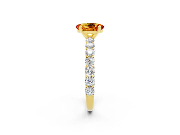 Yellow gold Oval Cut Citrine Solitaire Ring with Shared Prong Pavé Band and Four-Prong Setting