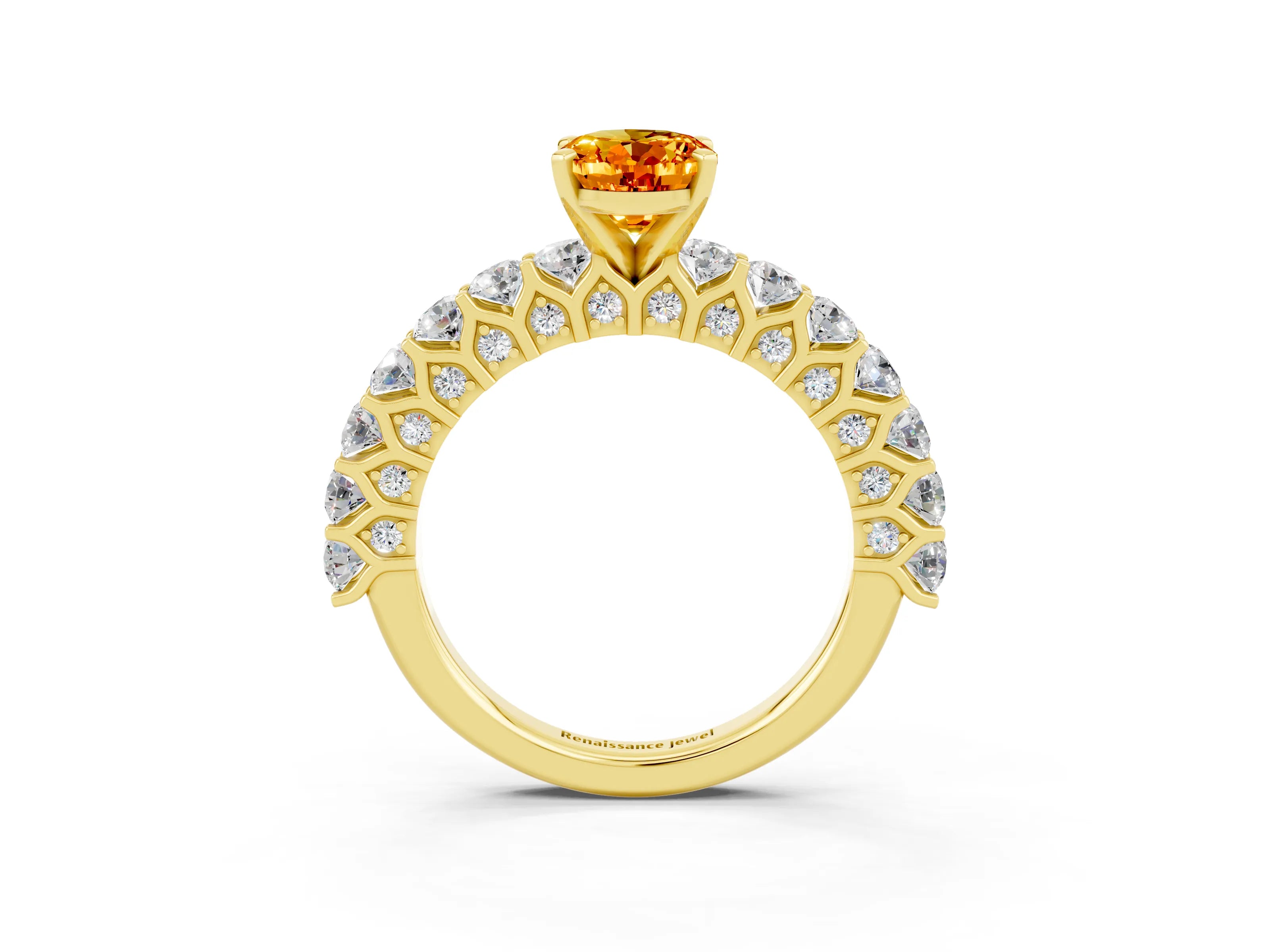 Yellow gold Oval Cut Citrine Solitaire Ring with Shared Prong Pavé Band and Four-Prong Setting_3
