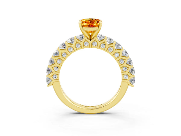 Yellow gold Oval Cut Citrine Solitaire Ring with Shared Prong Pavé Band and Four-Prong Setting