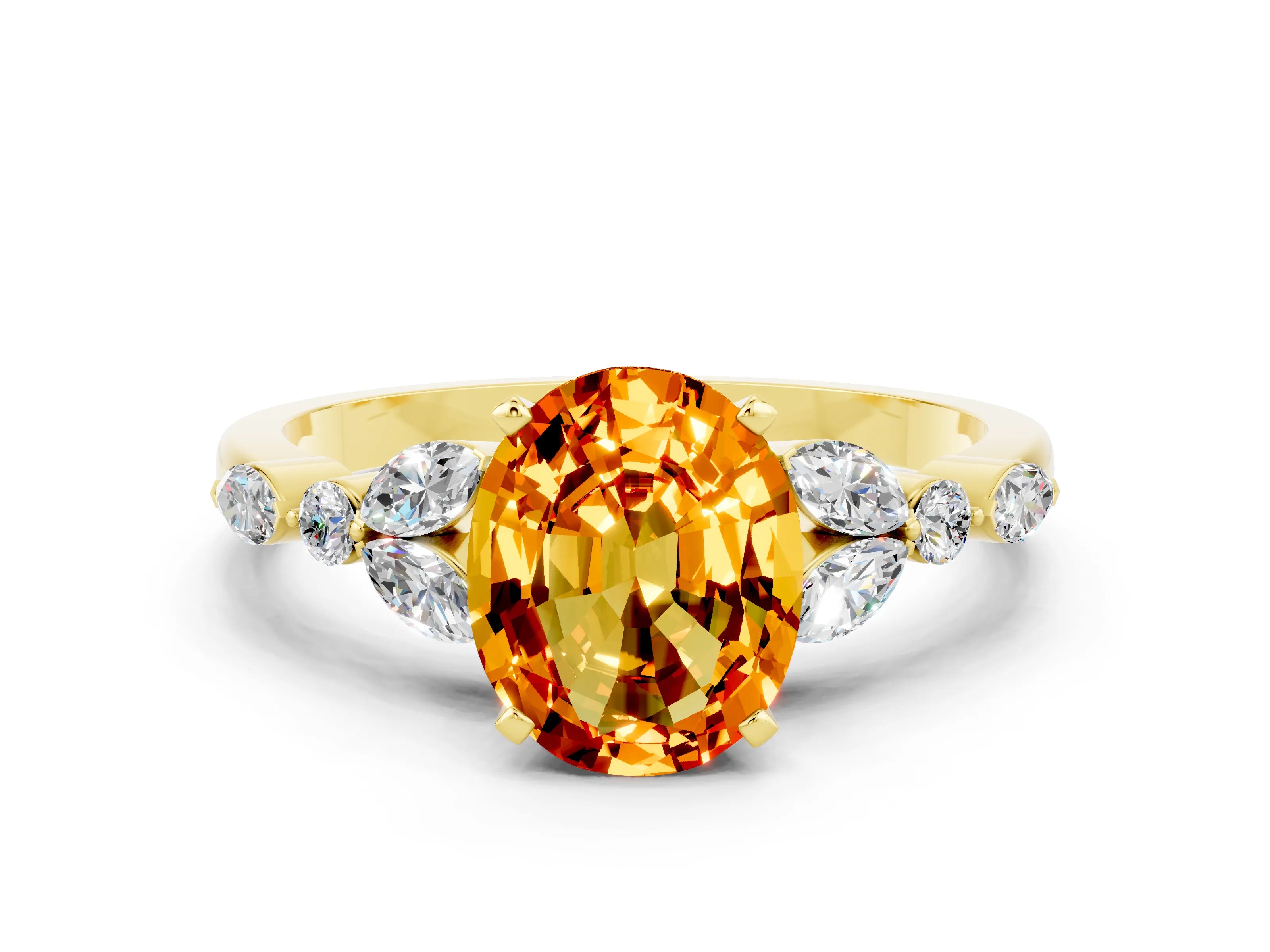 Yellow gold Oval Cut Citrine Solitaire Ring with Side Stones and Four-Prong Setting_12