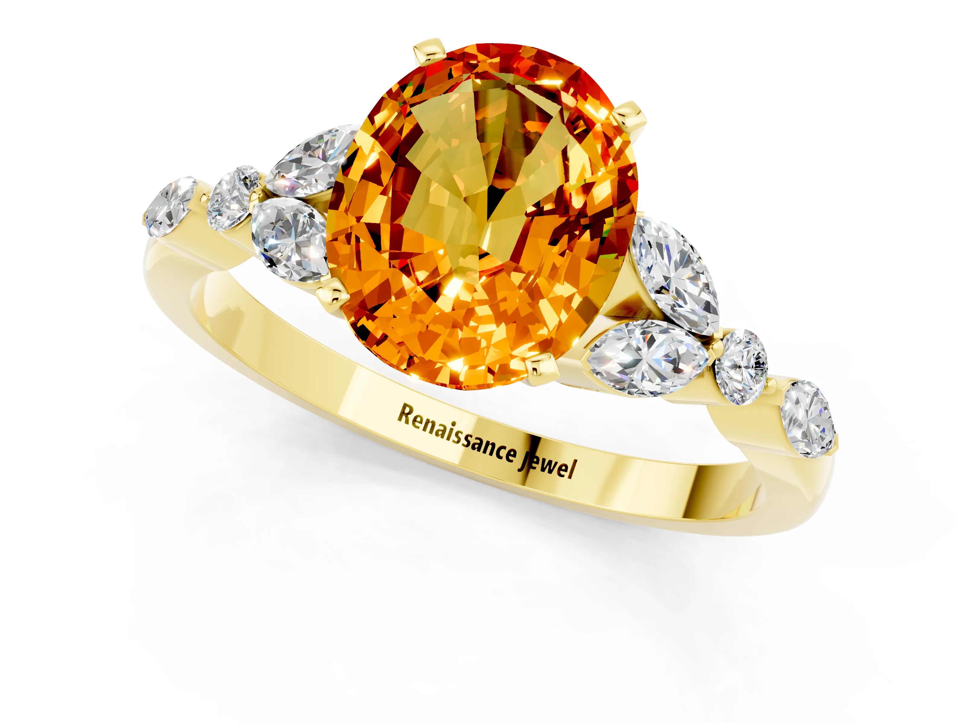 Yellow gold Oval Cut Citrine Solitaire Ring with Side Stones and Four-Prong Setting_13
