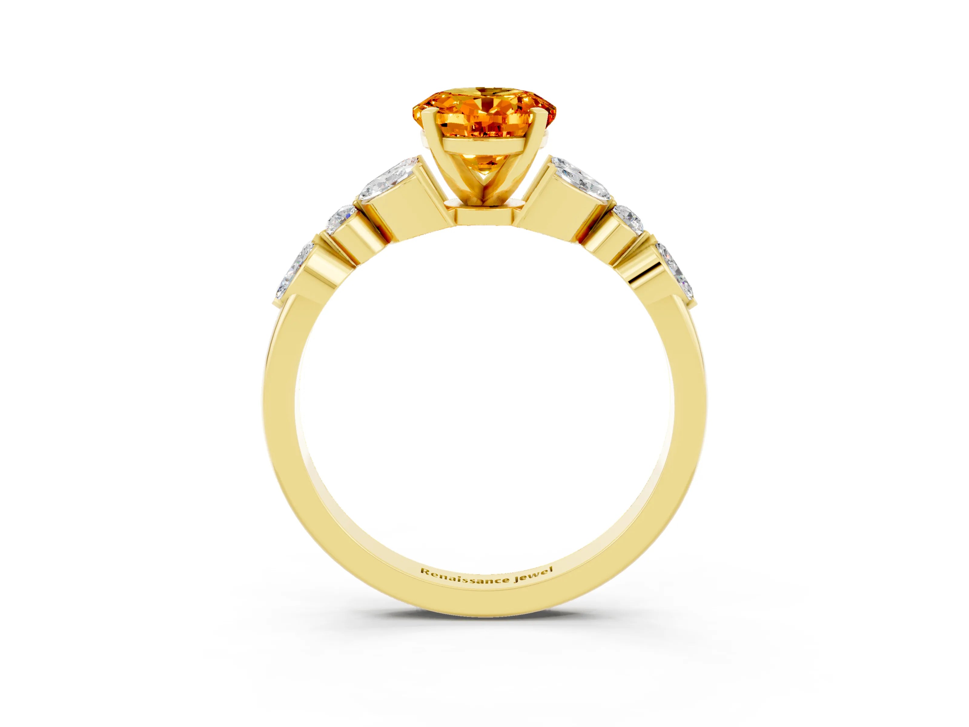 Yellow gold Oval Cut Citrine Solitaire Ring with Side Stones and Four-Prong Setting_15