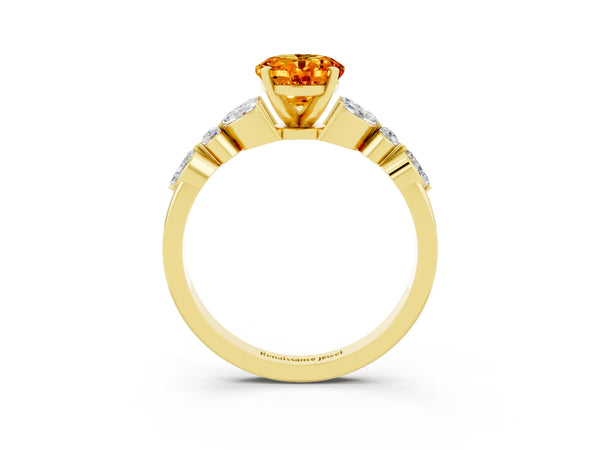 Yellow gold Oval Cut Citrine Solitaire Ring with Side Stones and Four-Prong Setting
