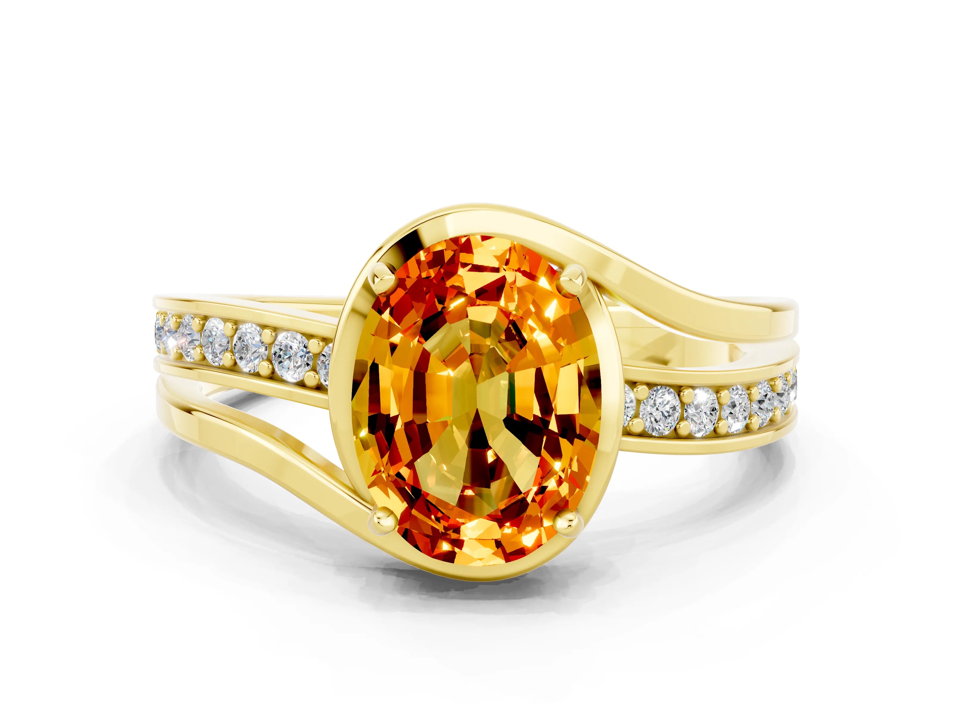 Yellow gold Oval Cut Citrine Solitaire Ring with Split Shank and Prong Setting