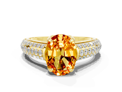 Yellow gold Oval Cut Citrine Solitaire Ring with Three-Row Pavé Band and Four-Prong Setting_12