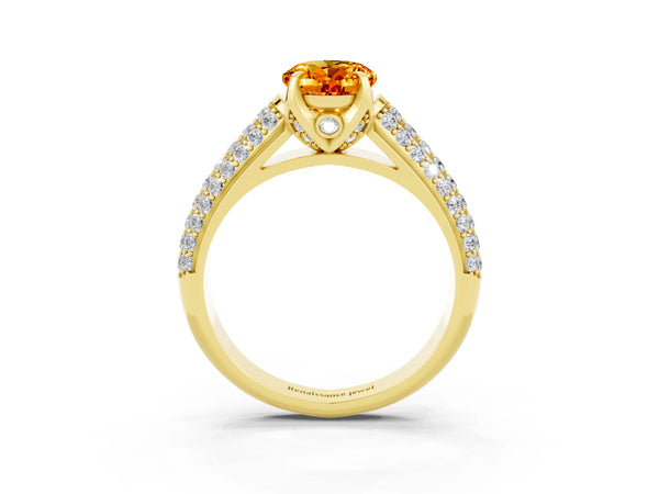 Yellow gold Oval Cut Citrine Solitaire Ring with Three-Row Pavé Band and Four-Prong Setting