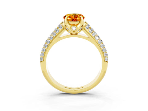 Yellow gold Oval Cut Citrine Solitaire Ring with Three-Row Pavé Band and Four-Prong Setting_15