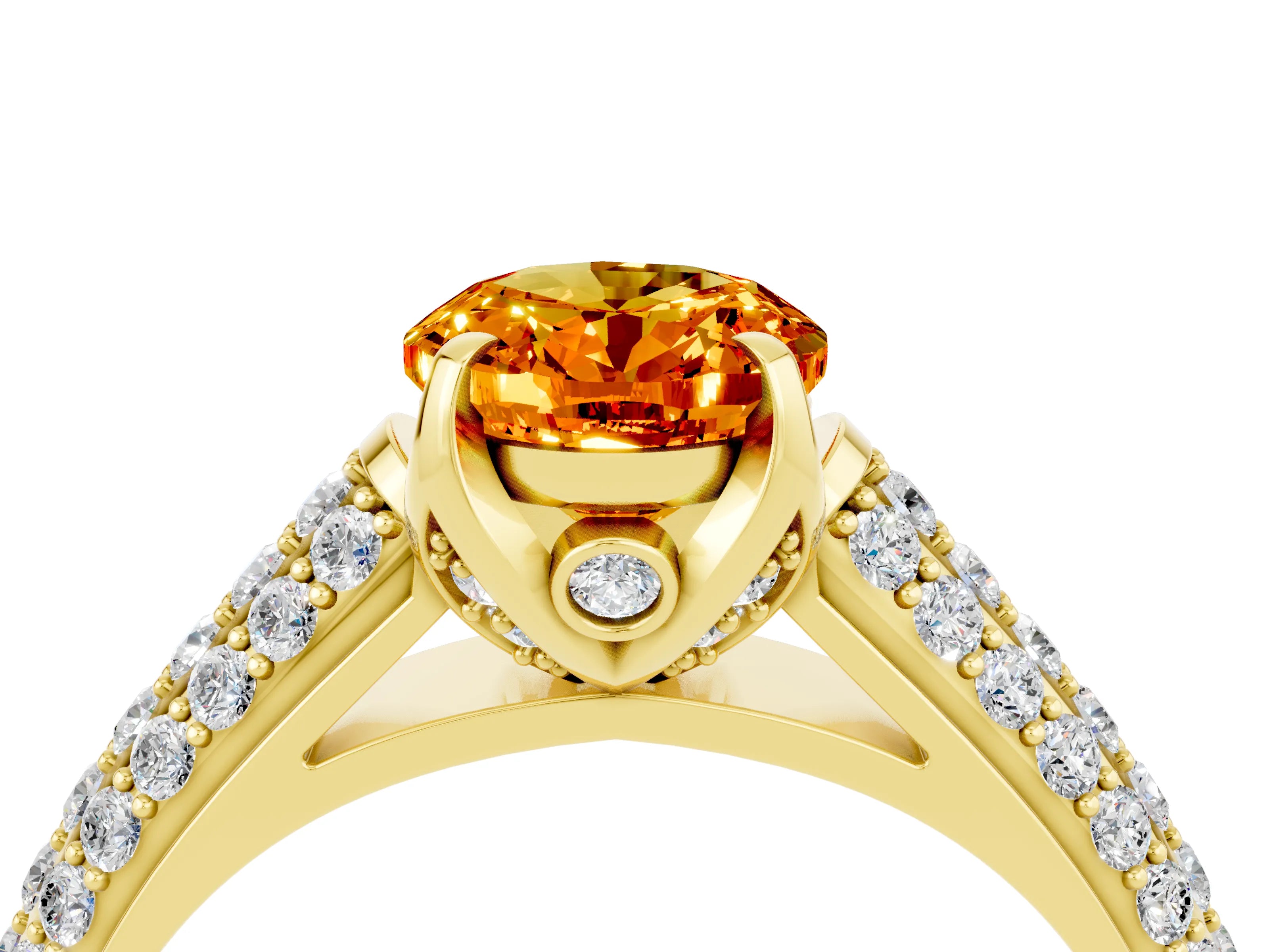 Yellow gold Oval Cut Citrine Solitaire Ring with Three-Row Pavé Band and Four-Prong Setting_16