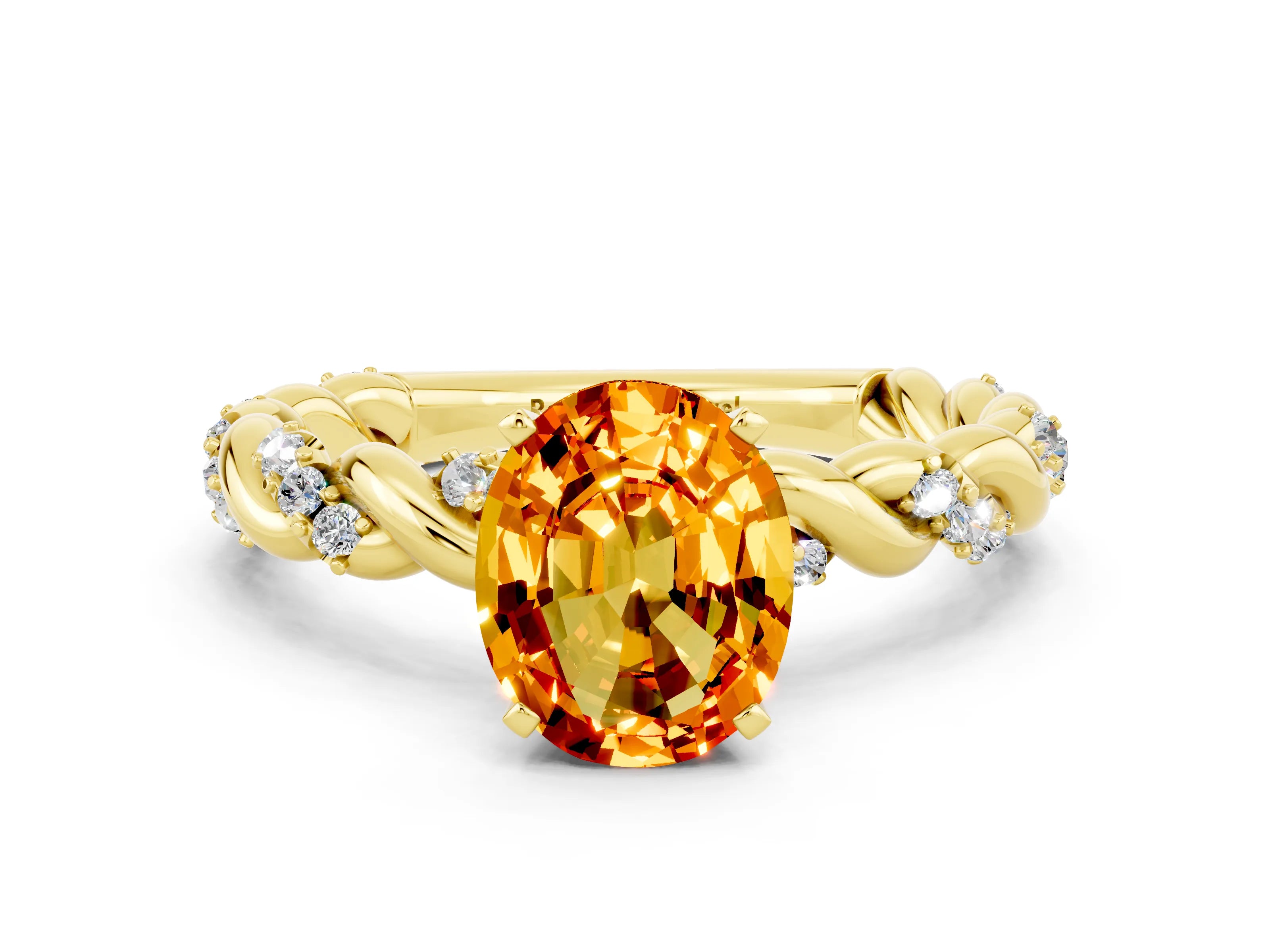 Yellow gold Oval Cut Citrine Solitaire Ring with Twisted Band and Pavé Accents