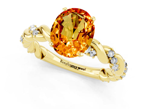 Yellow gold Oval Cut Citrine Solitaire Ring with Twisted Band and Pavé Accents_1