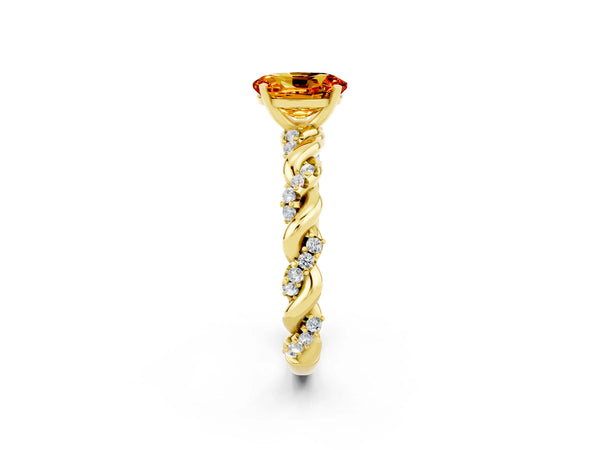 Yellow gold Oval Cut Citrine Solitaire Ring with Twisted Band and Pavé Accents