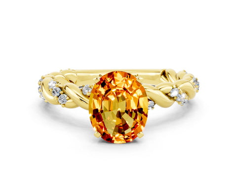 Yellow gold Oval Cut Citrine Solitaire Ring with Twisted Band and Pavé Accents