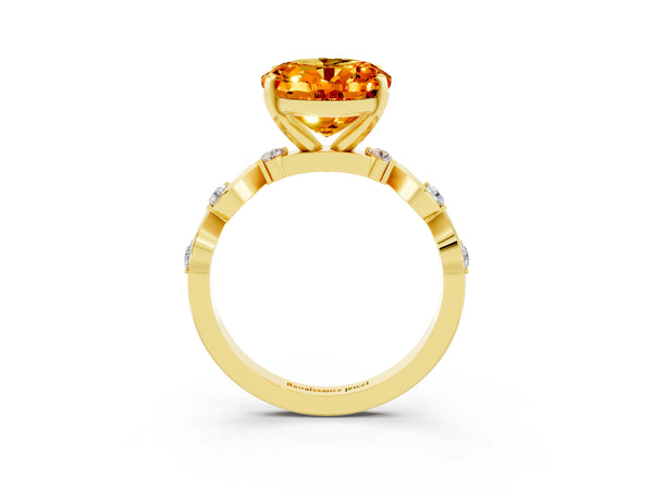Yellow gold Oval Cut Citrine Solitaire Twisted Band with Round  Accents and Prong Setting