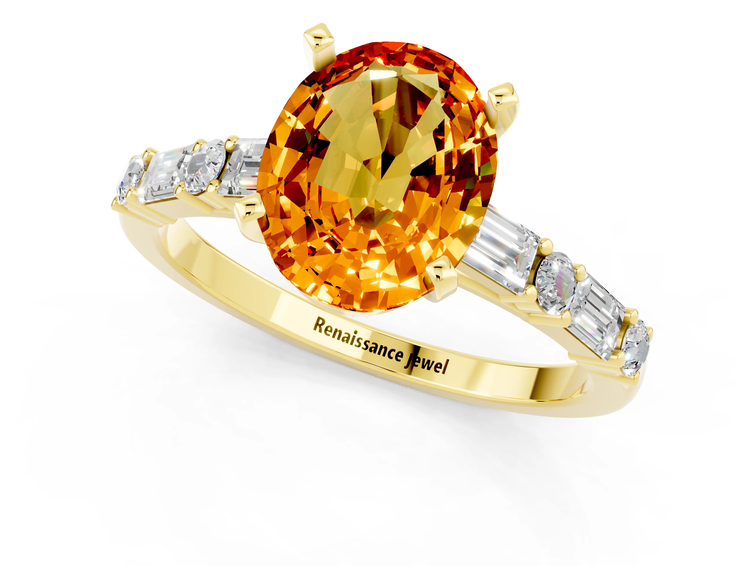 Yellow gold Oval Cut Citrine Solitaire with Side Baguettes and Channel Set Band_1