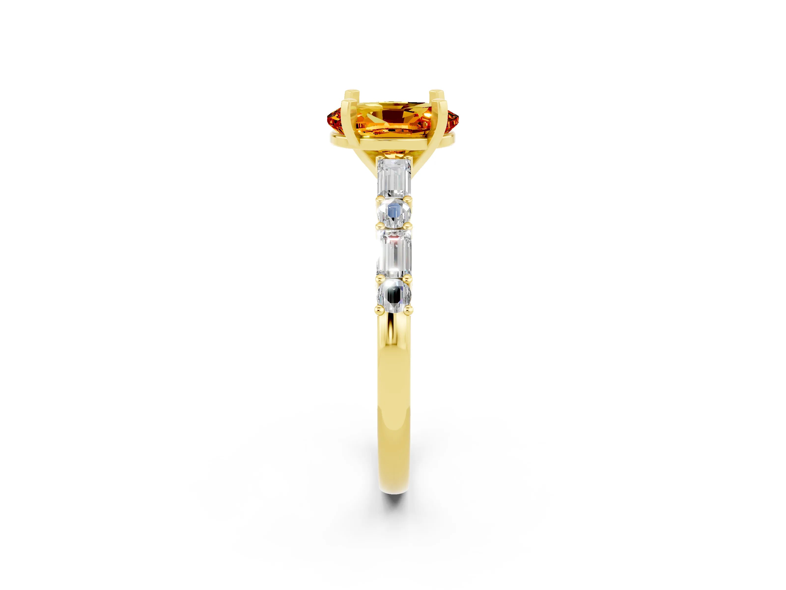 Yellow gold Oval Cut Citrine Solitaire with Side Baguettes and Channel Set Band_2